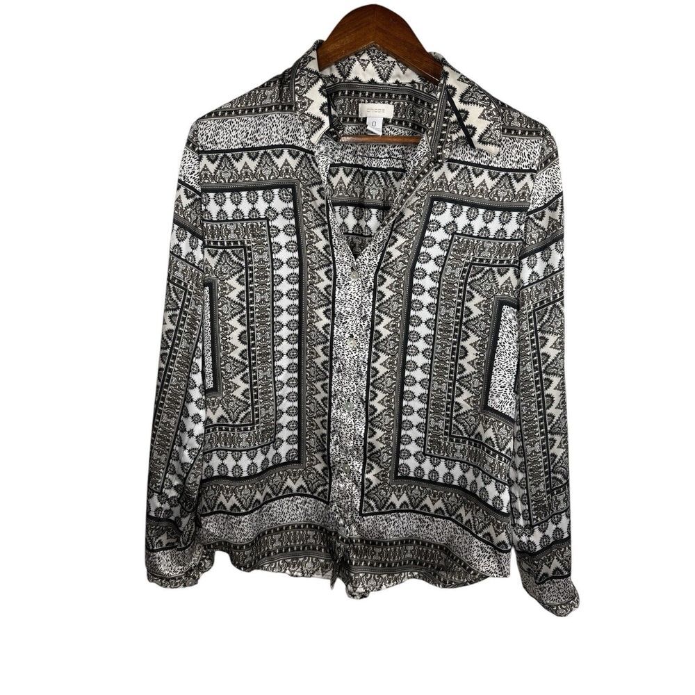 Chico's White Geometric Print Button-Up Shirt‎ Womens Long Sleeve Size 0